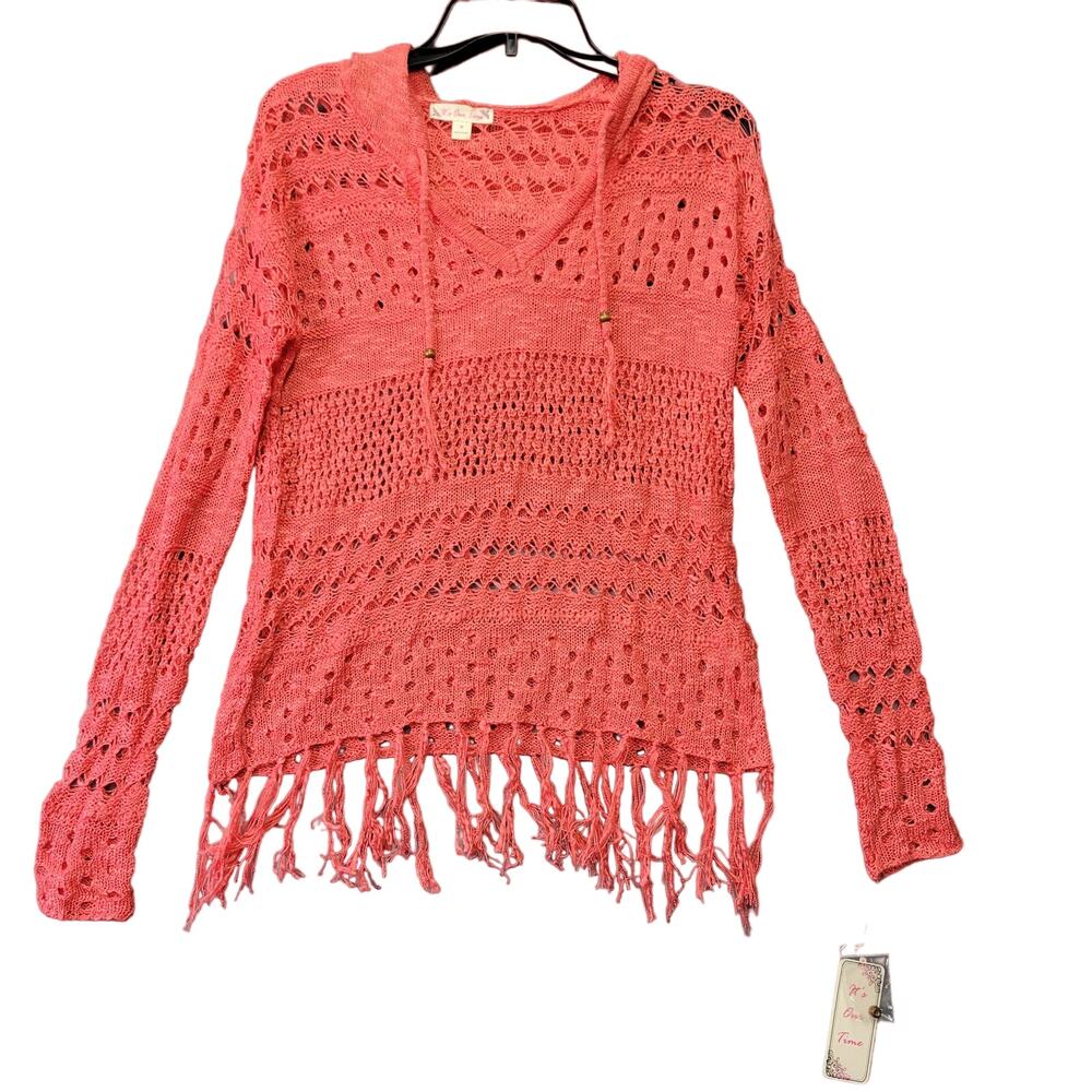 It's Our Time Orange Fringe Open Knit sweater NEW Hooded Long Sleeves Women's M